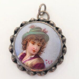 Vintage Hand Painted Porcelain & Sterling Pendant